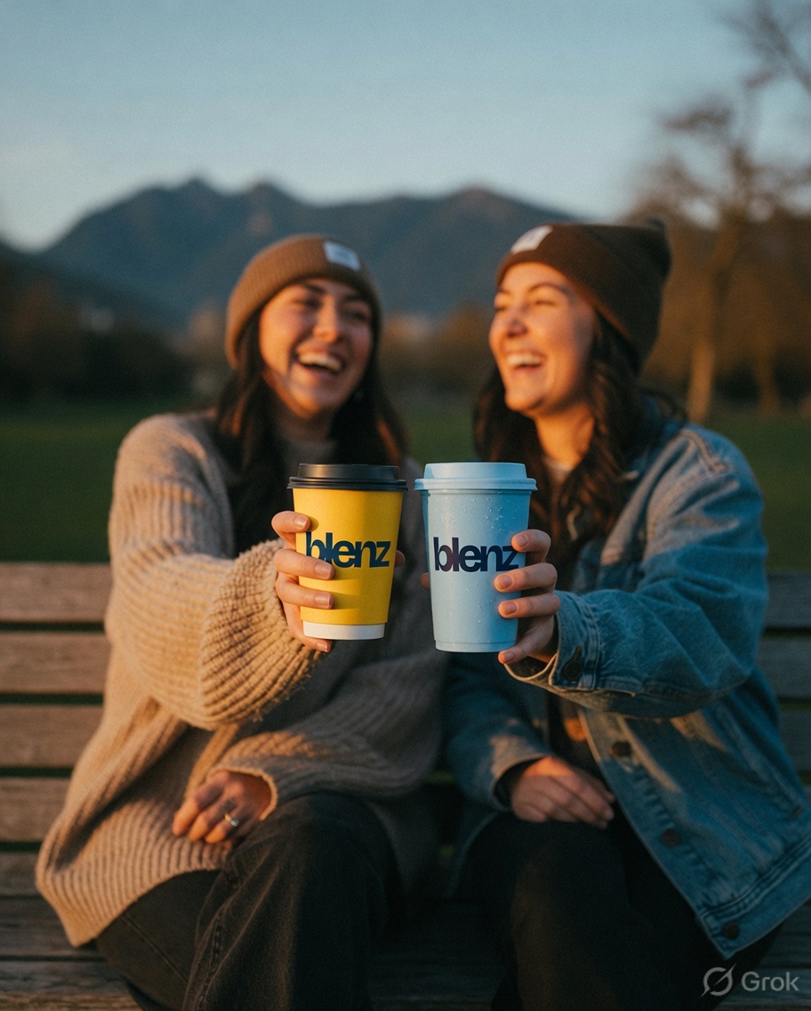 Three friends smiling with blenz cups